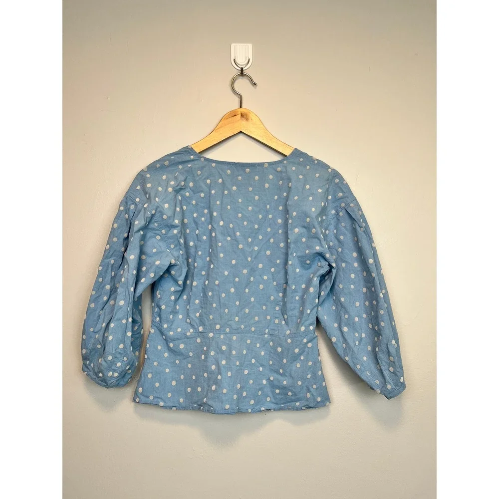 Madewell Blue Polka Dot Cotton Puff Sleeve Peplum Button Front Top L1607 Size 2